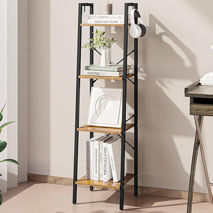 Ladder Shelf, Bookshelf Bookcase, Freestanding Corner Storage Shelve with 2 Hooks for Home Office, Living Room, Kitchen, Bedroom, Industrial, 4-Tier Rustic Brown BC13201B