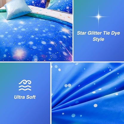 A Nice Night 6Pcs Gradient Glitter Bedding Set for Girls, Colorful Rainbow Galaxy Comforter Set, Ultra Soft Bedding Sets (Blue-Green,Queen 6Pcs)