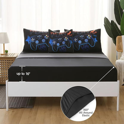 6Pcs Game Console Comforter Set with Sheets for Boys Girls Kids Teens, Geometric Gaming Themed Bed in A Bag Full Size, 3D Video Gamer Controller Bedroom Decor Bedding Set(Blue)