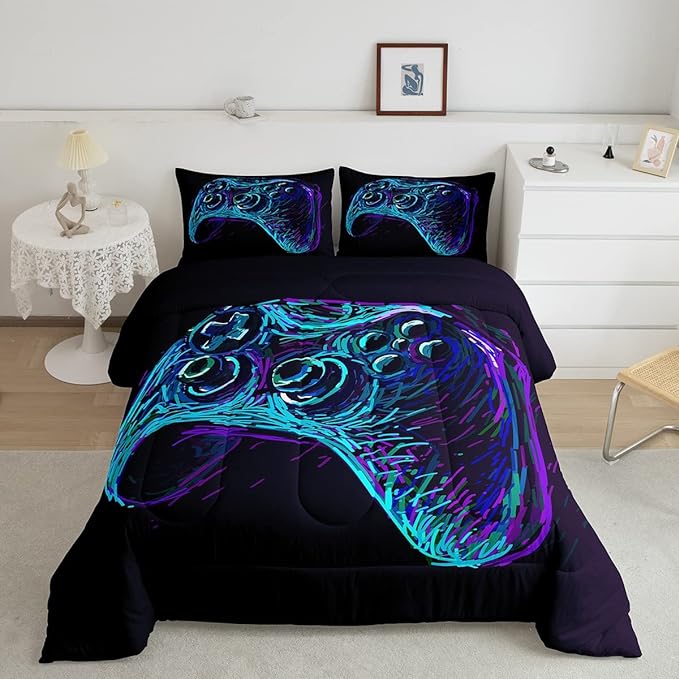 Gamer Comforter Set for Boys Teens Blue and Black Gaming Bedding Set Video Game Bedding Home Decor for Kids Comforter Queen Size 3 Pieces Gamepad Quilted Duvet Set 1 Comforter with 2 Pillowcases