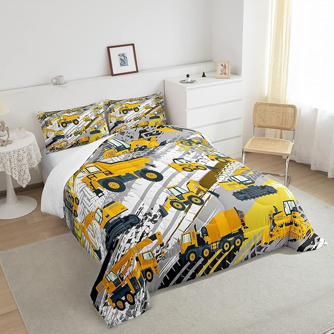 Boys Construction Comforter Set Truck Bedroom Decor for Kids Girls Under Construction Vehicles Down Comforter Toddler Child Cartoon Machinery Truck Excavator Bedding Tractor Cars Duvet Quilt,Queen