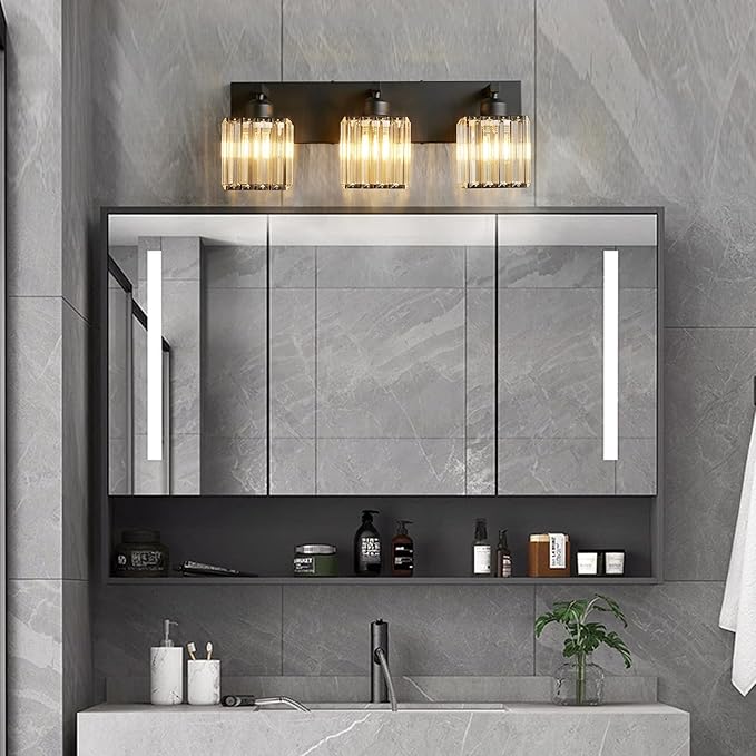 Modern Bathroom Vanity Light 3-Lights Modern Black Crystal Wall Light Bathroom Vanity Light Fixtures