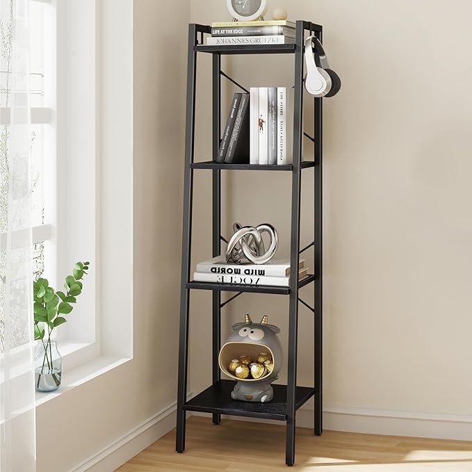 Ladder Shelf, Bookshelf Bookcase, Freestanding Corner Storage Shelve with 2 Hooks for Home Office, Living Room, Kitchen, Bedroom, Industrial, 4-Tier Black BC13204B