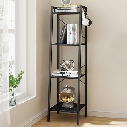 Ladder Shelf, Bookshelf Bookcase, Freestanding Corner Storage Shelve with 2 Hooks for Home Office, Living Room, Kitchen, Bedroom, Industrial, 4-Tier Black BC13204B