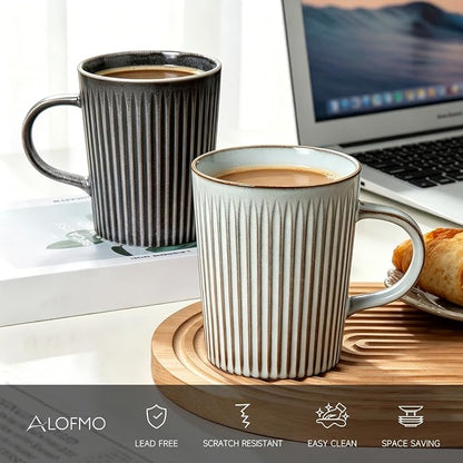 Coffee Mugs Set of 4, 18oz Large Striped Stoneware Coffee Cups with Handle | Handmade Ceramic Mugs Set for Women and Men, Dishwasher and Microwave Safe, Suitable for Hot Coffee, Tea, Cocoa, Milk, Glossy