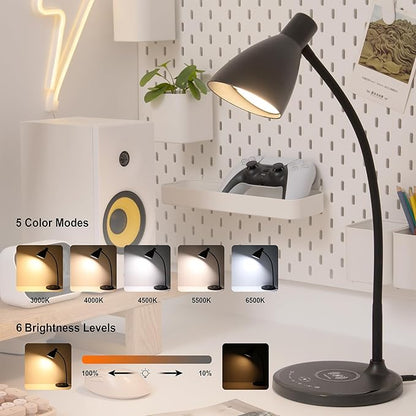 Desk Lamp with Wireless Charger, 12W 1000LM Touch Dimmable Reading Lamp with USB Charging Port, 5 Colors 6 Brightness Eye Care Bedside Table Lamp Gooseneck Desk Light for Home Office