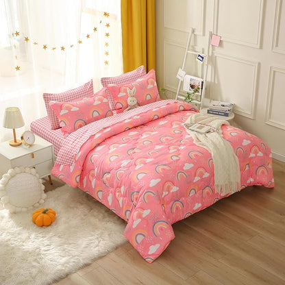 Twin Rainbow Comforter Set for Kids Girls Teens 7 Piece Pink Cloud Sun Pink Bed in a Bag 3D Cute Cartoon Love Hearts Bedding Set