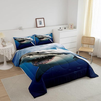 Kids Comforter Set for Boys Girls,3D Shark Fish Down Comforter 3 Piece Hawaiian Beach Theme Bedding Quilted Duvet Set Ocean Sea Animal Pattern Blue Duvet Insert for Toddler Teen Bedroom Decor,Full