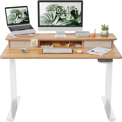 FEZIBO 40 x 24 Inch Height Adjustable Electric Standing Desk with Double Drawer, Stand Up Desk with Storage Shelf, Sit Stand Desk, Light Rustic