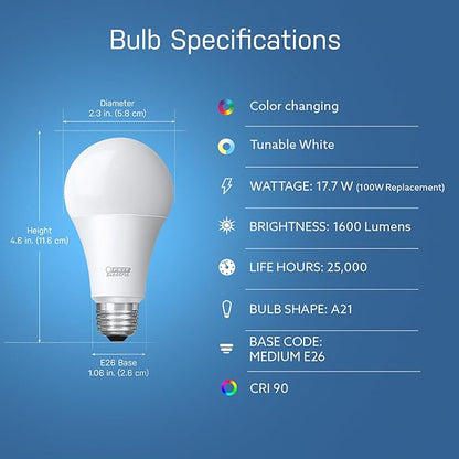 Feit Electric Smart Bulb, 100W Equivalent Color Changing and Tunable White, 2.4Ghz Wifi light bulb, No Hub Needed, Works with Alexa and Google Assistant, High CRI Dimmable LED OM100/RGBW/CA/AG, 1 Pack