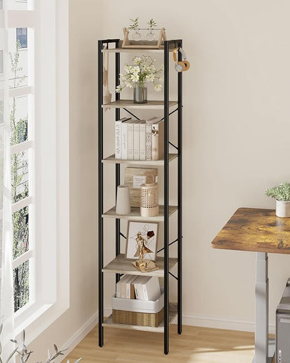 Bookshelf, Book Shelf, Industrial Bookcase with 2 Hooks, Coner Shelf Storage Organizer for Home Office, Living Room, Bedroom, Kitchen, 6-Tier Greige BC10705B