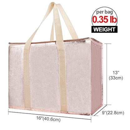 Bodaon 3-Pack Insulated Reusable Grocery Shopping Bag, X-Large Frozen Food Cold, Cooler Bags with Secure Top, Insulated Food/Pizza Delivery Bag, Gold