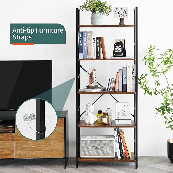 Yoobure 5 Tier Bookshelf - Tall Book Shelf Modern Bookcase for CDs/Movies/Books, Rustic Book Case Industrial Bookshelves Book Storage Organizer for Bedroom Home Office Living Room Brown