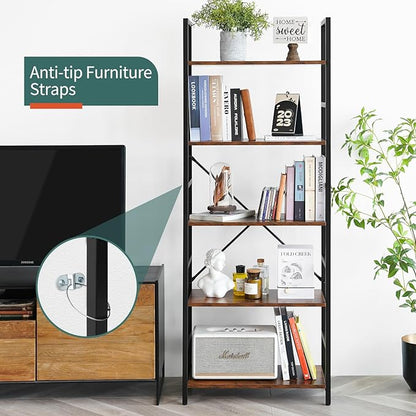Yoobure 5 Tier Bookshelf - Tall Book Shelf Modern Bookcase for CDs/Movies/Books, Rustic Book Case Industrial Bookshelves Book Storage Organizer for Bedroom Home Office Living Room Brown