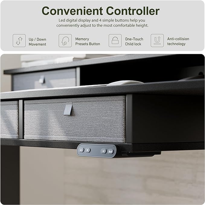 BANTI Height Adjustable Electric Standing Desk with 4 Drawers, 48 x 24 Inch Table with Storage Shelf, Sit Stand Desk, Black Top