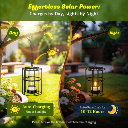 PChero Solar Hanging Lanterns Outdoor Waterproof, 4 Tea Lights, 18.1" Chain | 2 large + 2 small iron holders, flickering LED tea lights, for patio garden tree backyard, 10-12H runtime, removable chain
