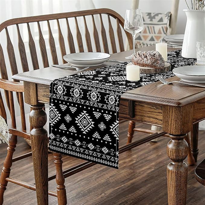 Feelyou Khaki Southwestern Aztec Table Runner Western Bohemian Kitchen Dining Decoration for Home Party 13x108 Inch Geometric Vintage Home Decor for Living Room Boho Tribal Black and White