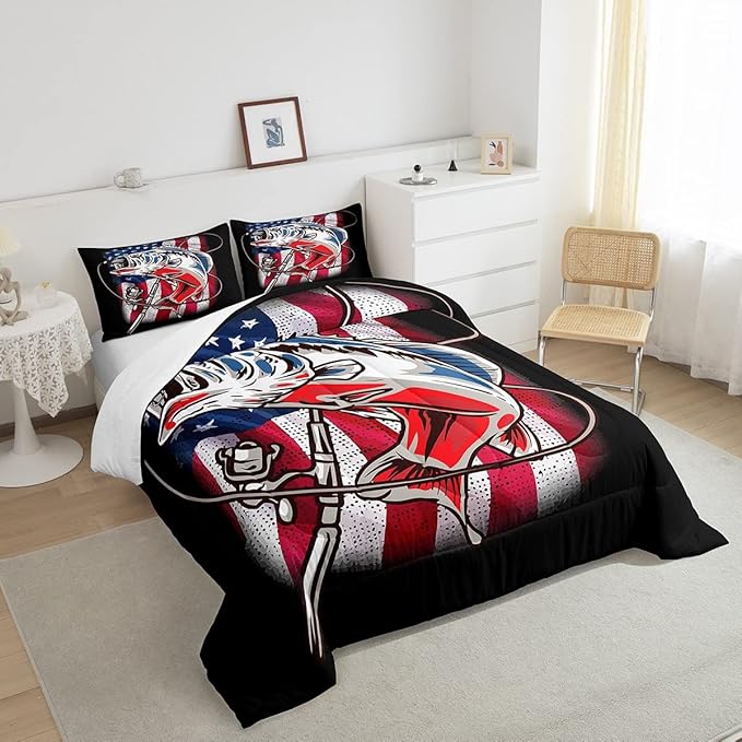 American Flag Comforter Set Farmhouse Fishing Bedding Set for Kids Boys Girls Teens Room Wild Fish Decor Comforter Red Blue Stripe Quilted Set 3Pcs Full Size