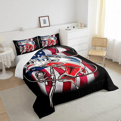 American Flag Comforter Set Farmhouse Fishing Bedding Set for Kids Boys Girls Teens Room Wild Fish Decor Comforter Red Blue Stripe Quilted Set 3Pcs Full Size