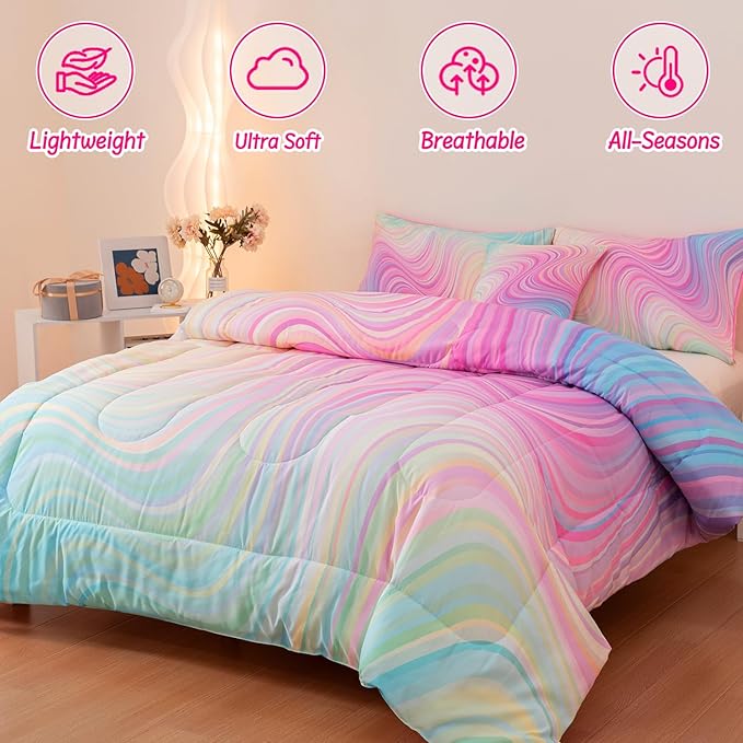 4 Pcs Pink Full Comforter Set for Girls, Tie Dye Superior Kids Teen Bedding Sets, Blue Pink Rainbow Full Size Bedding Set for Girls