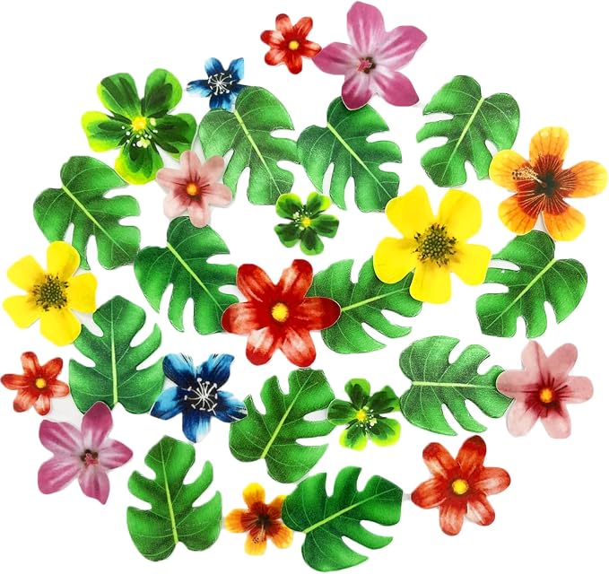 64Pcs Tropical Palm Leaves and Hawaii Flowers Cupcake Toppers Hawaii Theme Cake Decoration for Jungle Summer Party Birthday Wedding Cake Decor