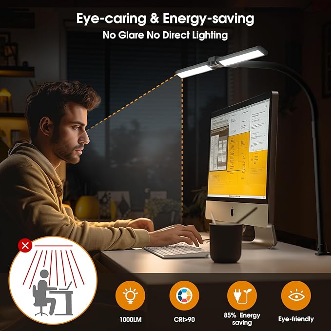 LED Desk Lamp with Clamp, Rotatable Architect Lamp for Home Office, Bright Computer Desk Light with Dimmable Color Brightness, Adjustable Desktop Lamp with Gooseneck, Double Head, Black