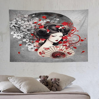 Japanese Geisha Tapestry Asian Red Cherry Blossom Red Sun Traditional Kimono Folk Tapestries Home Decor for Living Room Bedroom Apartment Farmhouse Dorm 60"x40"