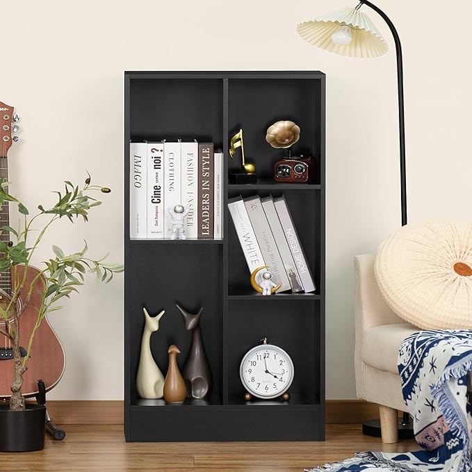 YAHARBO 5 Cube Black Bookshelf,Small Modern Horizontal Bookcase,Wood Floor Standing Low Bookshelves Display Storage Cabinet with Base, Short Book Shelf Open Organizer for Bedroom,Living Room,Office