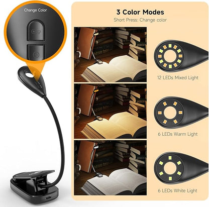2 PACK Book Lights for Reading in Bed, 12 LEDs Rechargeable Clip Lamp with 3 Lighting Color, Stepless Dimming, Eye Protection, 80 Hours Runtime, 360° Flexible Gooseneck, Lightweight, Portable