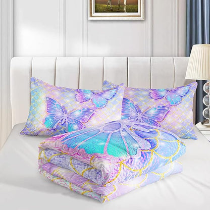 CVHOUSE Butterfly Comforter Set Twin Size,Rainbow Mermaid Butterfliy Bedding Set for Kids Girls,Rainbow Mermaid Butterflies Quilt Set Butterfly Duvet Set Girl's Bedroom Decor 3 Pieces