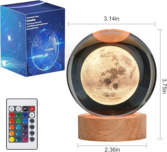 Large Crystal Ball 3D Moon Lamp Balkwan, Crystal Lamp 16 Color Changing Night Light with Remote Control for Bedroom Decor, Birthday Gift for Teens Boys and Girls, Moon Model
