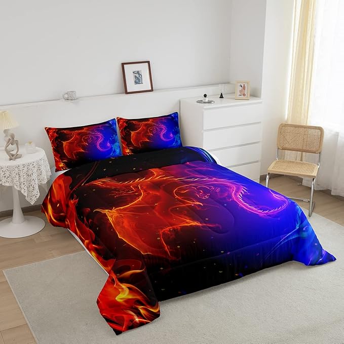 Erosebridal Dragon Comforter Set Nebula Bedding Set Full Size Mysterious Outer Space Quilted Duvet Trippy Duvet Set for Kids Boys Girls Teens Young Man Room Decorative, Blue Red