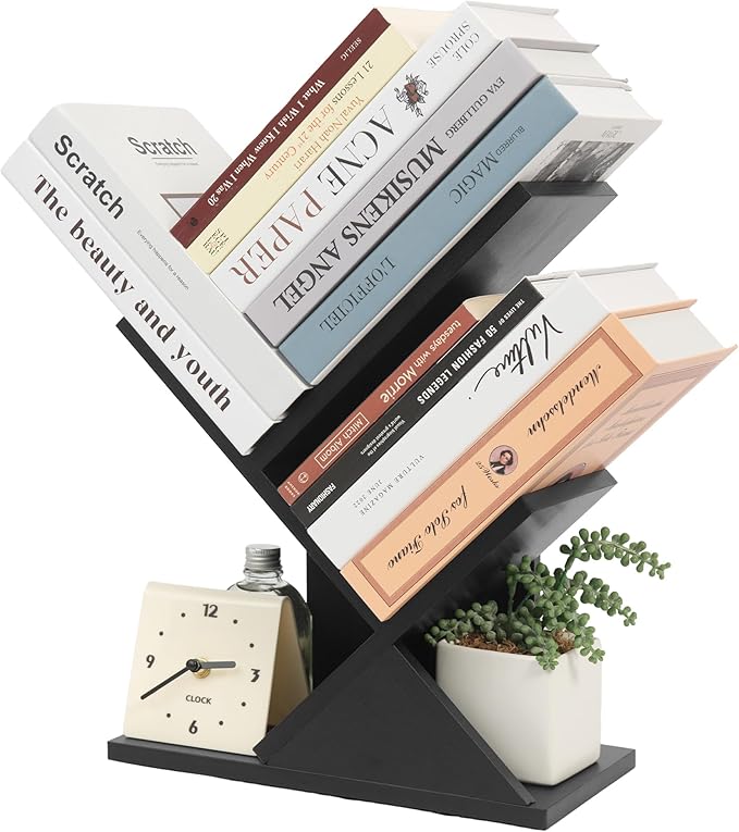 Labcosi 2 Tier Tree Bookshelf, Small Bookshelf for Storing Books/CDs, Wood Book Organizer Shelves for Home Office, Bedroom, Living Room, Black