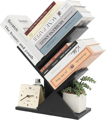 Labcosi 2 Tier Tree Bookshelf, Small Bookshelf for Storing Books/CDs, Wood Book Organizer Shelves for Home Office, Bedroom, Living Room, Black
