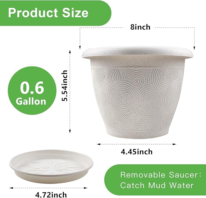 8 Inch Flower Pots Planters for Indoor Outdoor Plants, 4 Pack Plastic Small Plant Pots with Drainage Hole & Tray, Modern Decorative Garden Pot with Saucer, Plant Container for House