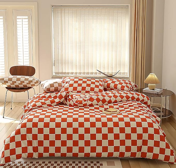 Orange White Grid Comforter Set Cal King Burnt Orange Plaid Bedding Set Women Reddish and White Checkered Bed Comforter Set Breathable Blanket Set Men Durable Bedding Comforter Set