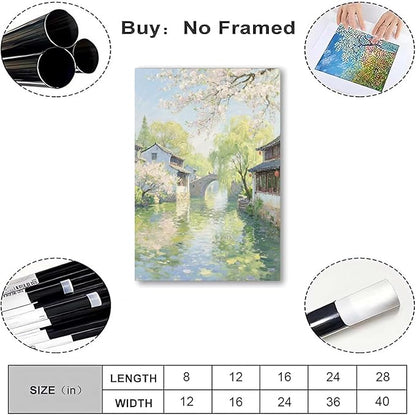 Small bridge stream house Jiangnan style landscape poster suitable for living room bedroom office natural oil painting poster