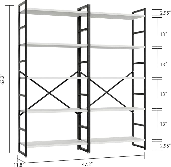 Shintenchi 2 Pieces 5 Tiers Bookshelf, Classically Tall Bookcase Shelf, Industrial Book Rack, Modern Book Holder in Bedroom/Living Room/Home/Office, Storage Rack Shelves for Books/Movies-White