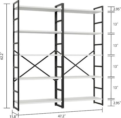 Shintenchi 2 Pieces 5 Tiers Bookshelf, Classically Tall Bookcase Shelf, Industrial Book Rack, Modern Book Holder in Bedroom/Living Room/Home/Office, Storage Rack Shelves for Books/Movies-White