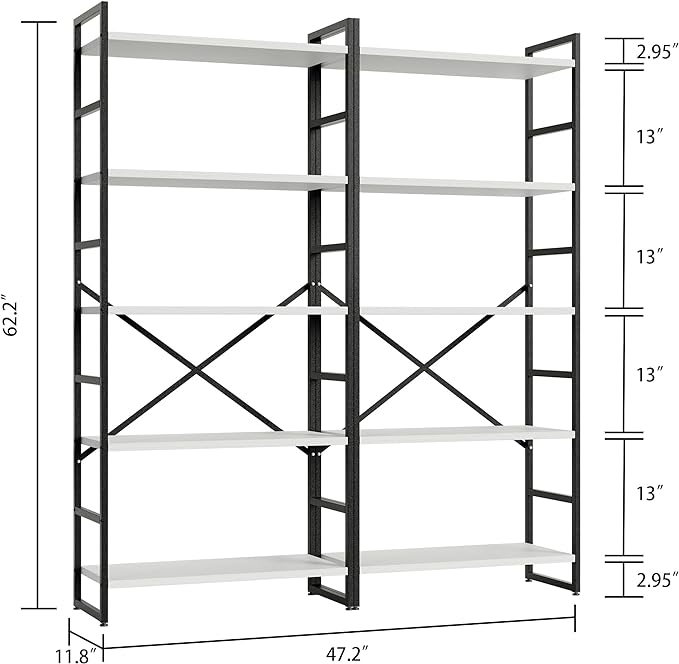 Shintenchi 2 Pieces 5 Tiers Bookshelf, Classically Tall Bookcase Shelf, Industrial Book Rack, Modern Book Holder in Bedroom/Living Room/Home/Office, Storage Rack Shelves for Books/Movies-White