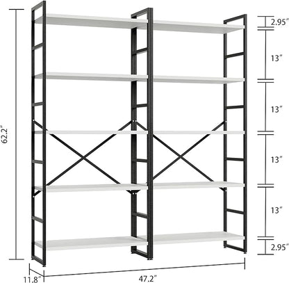 Shintenchi 2 Pieces 5 Tiers Bookshelf, Classically Tall Bookcase Shelf, Industrial Book Rack, Modern Book Holder in Bedroom/Living Room/Home/Office, Storage Rack Shelves for Books/Movies-White