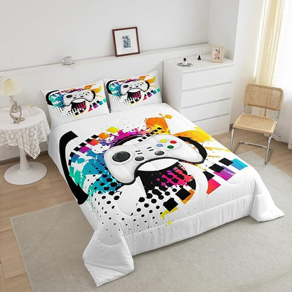 Kids Gaming Comforter Set King Gamer Bedding Set, Modern Console Game Controller Duvet Set for Boys Girls Teens, White Gamepad Quilt Set, Tie Dye Colorful Comforter Set Grey White Soft Bedding Set