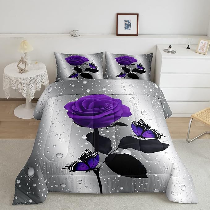 3D Rose Comforter Set Rose Floral Print Bedding Set Romantic Flowers Comforter for Kids Boys Girls Children Teens Bedroom Decor Purple Rose Butterfly Duvet Set Queen Size Quilt Set With 2 Pillow Case