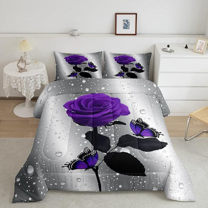 3D Rose Comforter Set Rose Floral Print Bedding Set Romantic Flowers Comforter for Kids Boys Girls Children Teens Bedroom Decor Purple Rose Butterfly Duvet Set King Size Quilt Set With 2 Pillow Case