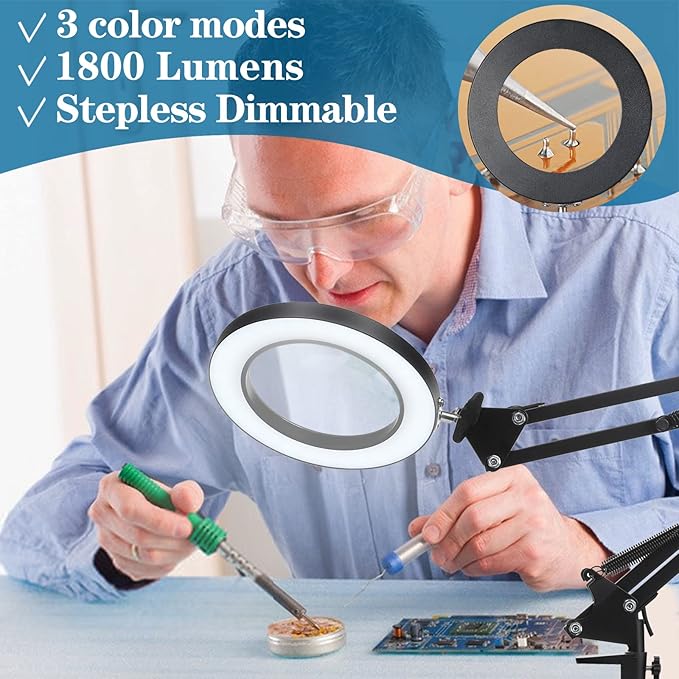 HITTI 5X Magnifying Glass with Light with Clamp, 3 Color Modes Stepless Dimmable Magnifying Lamp, 72 LEDs Real Glass Lens Magnifier with Light and Stand for Close Work Craft Hobby Reading Workbench
