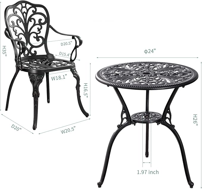 Bistro Table and Chairs Set of 2 Outdoor 3 Piece Bistro Sets Cast Aluminum Patio Bistro Set with Umbrella Hole, Patio Set for Garden, Black