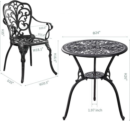 Bistro Table and Chairs Set of 2 with Umbrella Hole,Cast Aluminum Patio Bistro Sets 3 Piece,Outdoor Bistro Table Set,Patio Furniture Set for Front Porch Set,Garden(Butterfly Black)