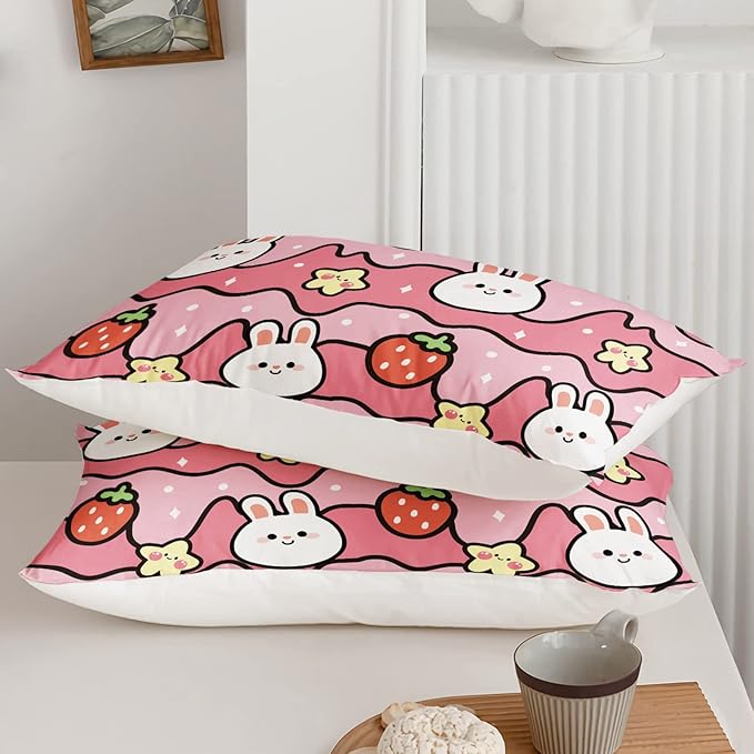 Kawaii Rabbit Comforter,Strawberry Rabbit Comforter Set for Kids Teens Girls,3Pcs Bedding Set Printed Comforter with 2 Pillowcases,Down Alternative,Soft and Lightweight(Pink，King Size)