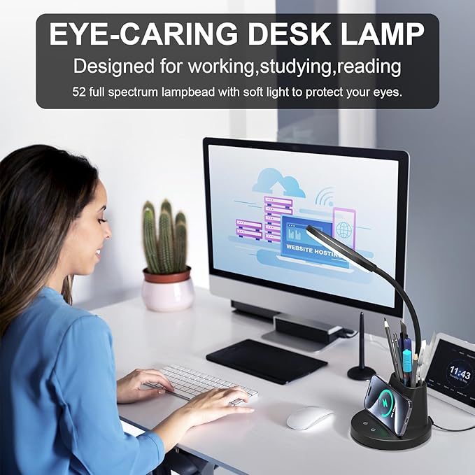 comzler LED Desk Lamp with Wireless Charger Pen Phone Holder, Black Desk Lamp for Home Office, Dimmable Desk Light 3 Color Modes, College Dorm Study Lamp for College Dorm, CRI 90 800 Lumen
