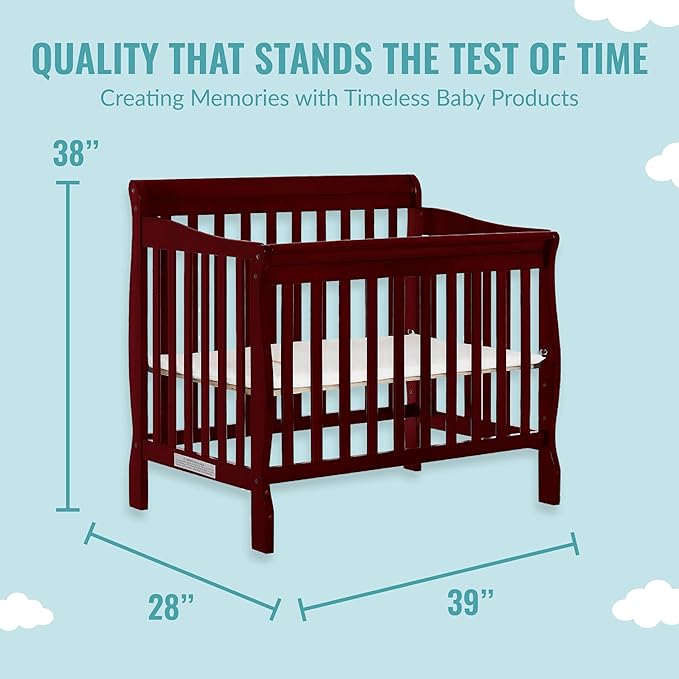 Aden 4-in-1 Convertible Mini Crib In Cherry, Greenguard Gold Certified, Non-Toxic Finish, New Zealand Pinewood, With 3 Mattress Height Settings
